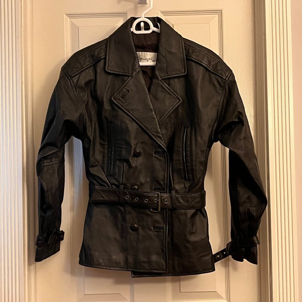 NEW! Spiegel (19" across) dark brown leather double-breasted jacket with belt